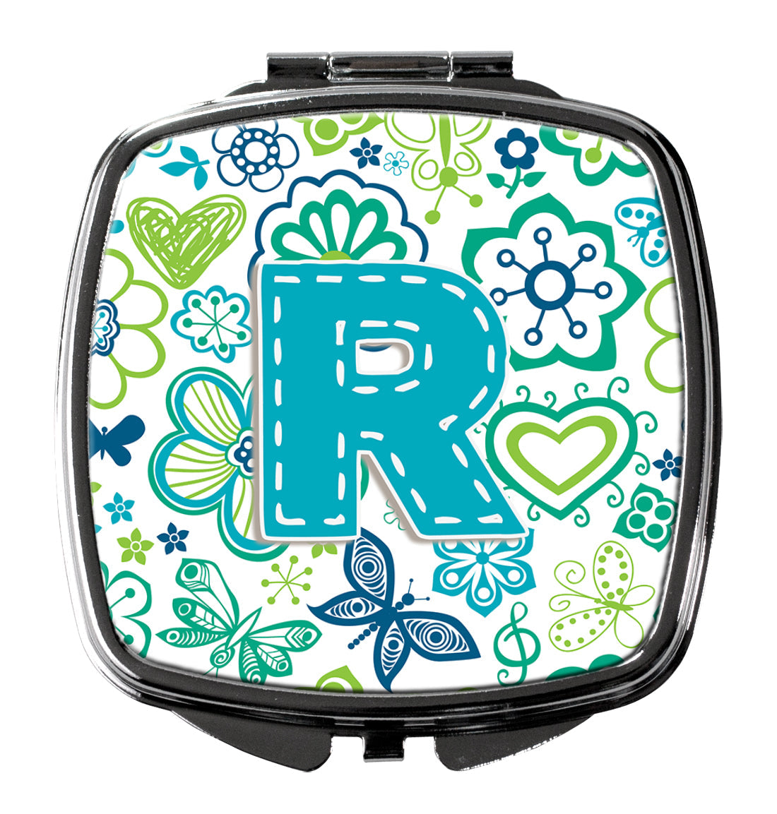 Letter R Flowers and Butterflies Teal Blue Compact Mirror Decorative Travel Makeup Mirror for Women Girls Gifts Pocket Makeup Mirror Folding Handheld