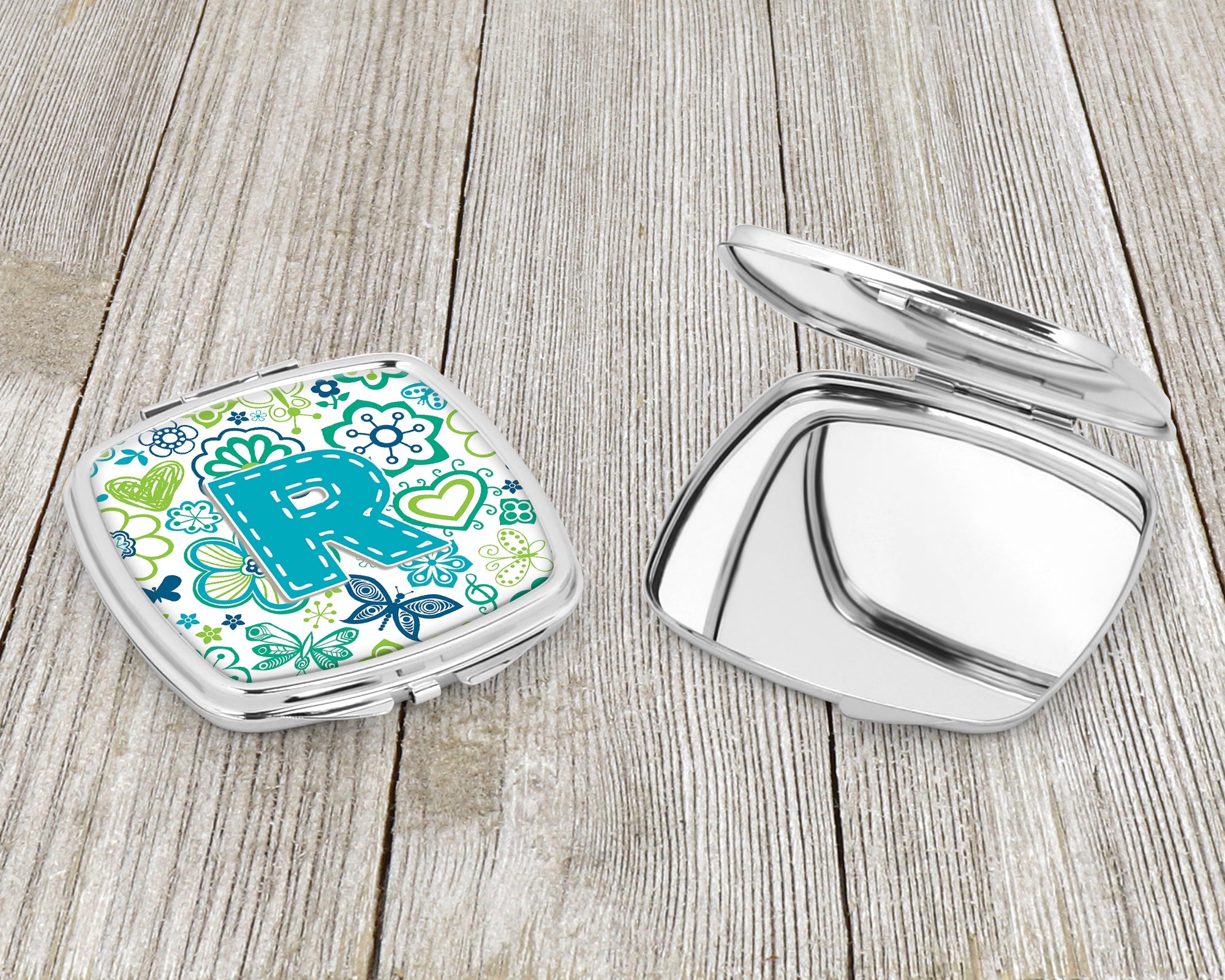 Letter R Flowers and Butterflies Teal Blue Compact Mirror Decorative Travel Makeup Mirror for Women Girls Gifts Pocket Makeup Mirror Folding Handheld