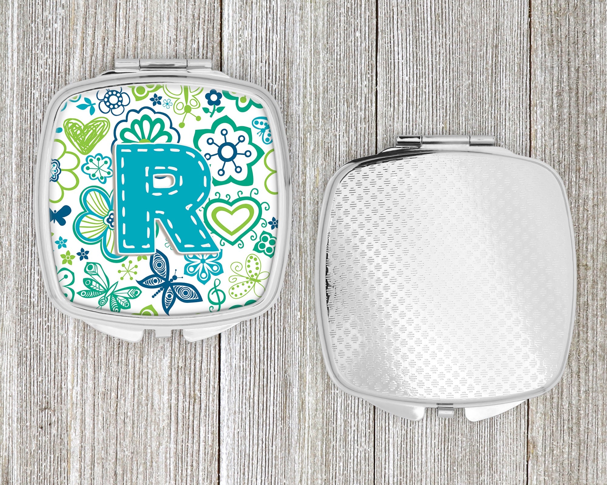 Letter R Flowers and Butterflies Teal Blue Compact Mirror Decorative Travel Makeup Mirror for Women Girls Gifts Pocket Makeup Mirror Folding Handheld