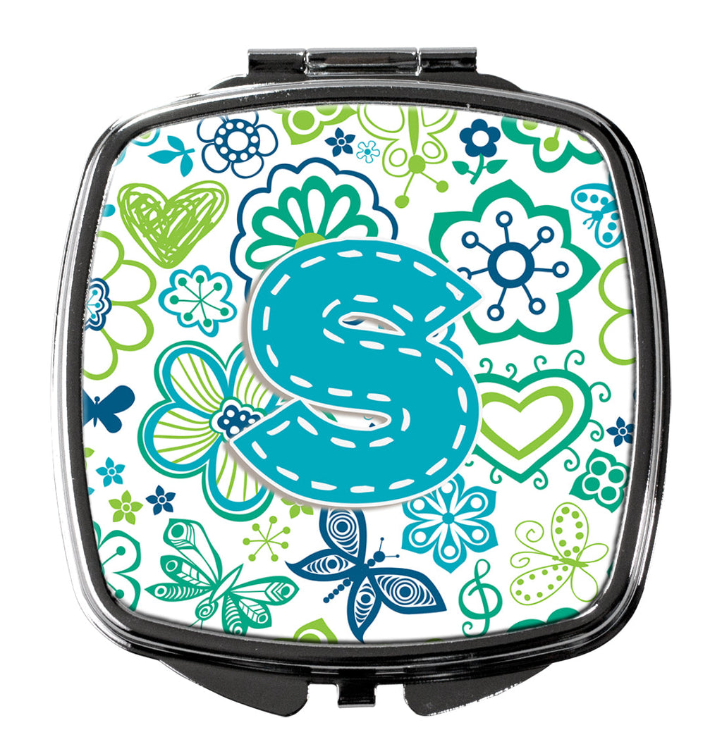 Letter S Flowers and Butterflies Teal Blue Compact Mirror Decorative Travel Makeup Mirror for Women Girls Gifts Pocket Makeup Mirror Folding Handheld