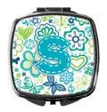 Letter S Flowers and Butterflies Teal Blue Compact Mirror Decorative Travel Makeup Mirror for Women Girls Gifts Pocket Makeup Mirror Folding Handheld