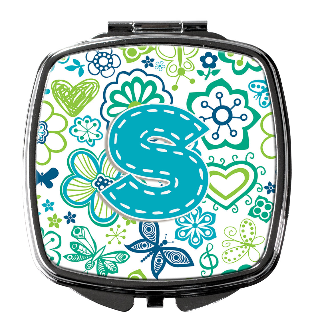 Letter S Flowers and Butterflies Teal Blue Compact Mirror Decorative Travel Makeup Mirror for Women Girls Gifts Pocket Makeup Mirror Folding Handheld