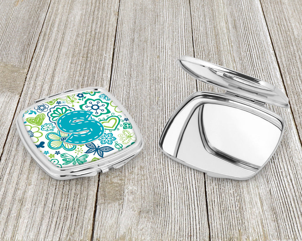 Letter S Flowers and Butterflies Teal Blue Compact Mirror Decorative Travel Makeup Mirror for Women Girls Gifts Pocket Makeup Mirror Folding Handheld