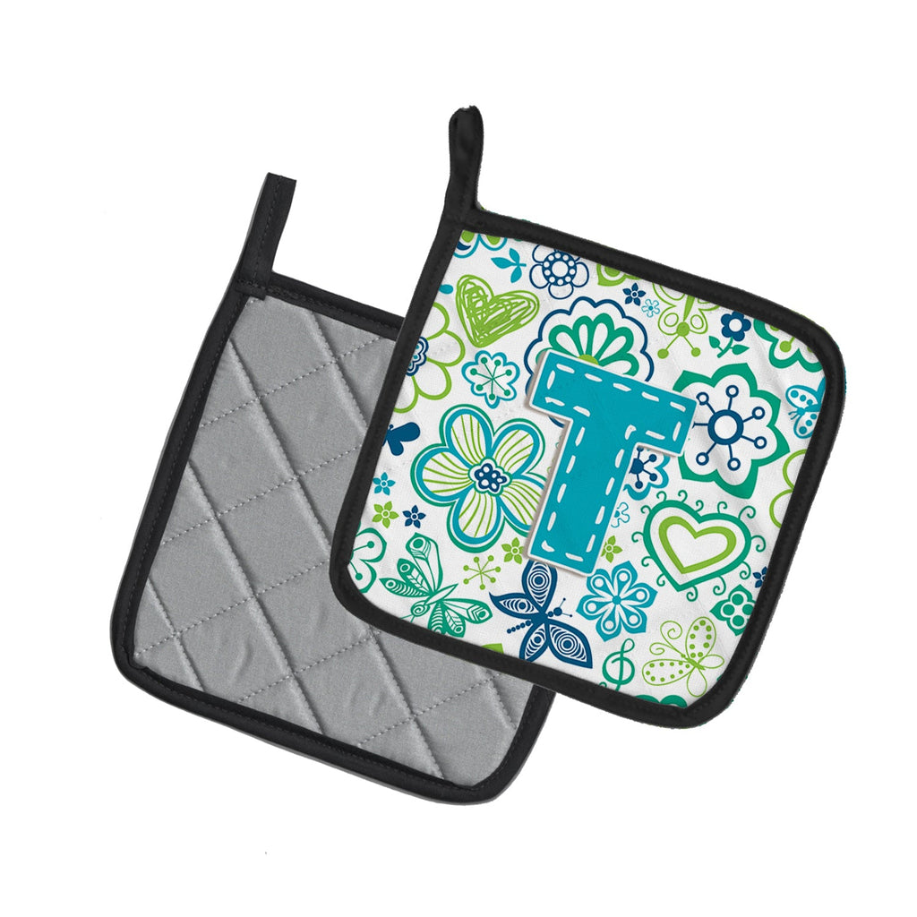 Letter T Flowers and Butterflies Teal Blue Pot Holder Set of 2 Heat Resistant Quilted Hot Pads 7.5 x 7.5 Inch, Insulated Kitchen Trivets for Cooking & Baking