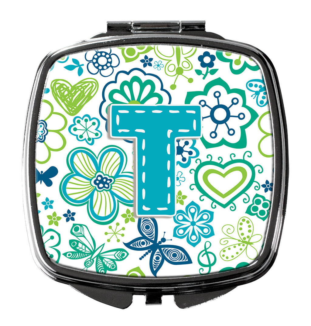 Letter T Flowers and Butterflies Teal Blue Compact Mirror Decorative Travel Makeup Mirror for Women Girls Gifts Pocket Makeup Mirror Folding Handheld