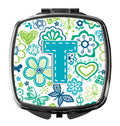 Letter T Flowers and Butterflies Teal Blue Compact Mirror Decorative Travel Makeup Mirror for Women Girls Gifts Pocket Makeup Mirror Folding Handheld