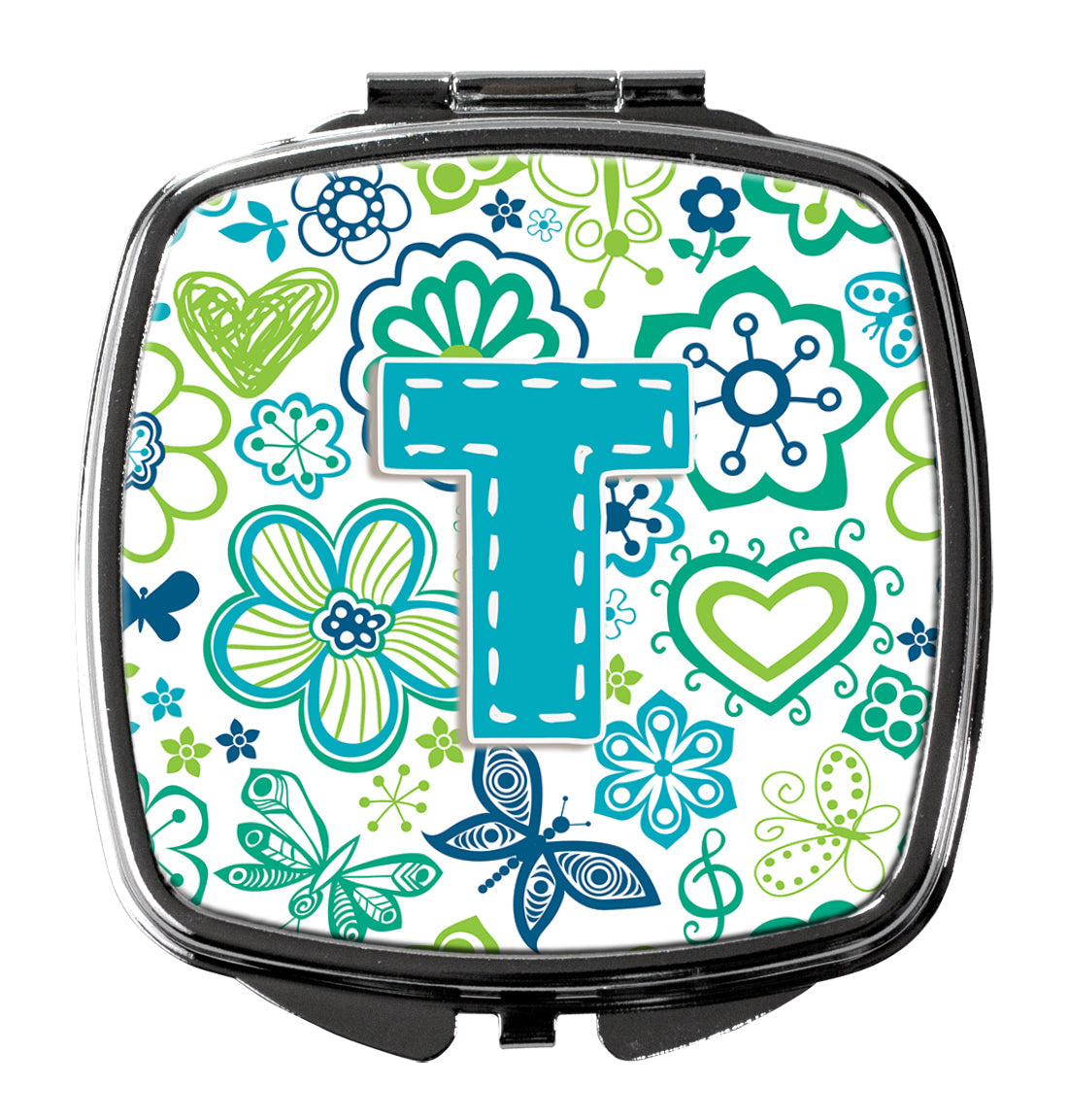 Letter T Flowers and Butterflies Teal Blue Compact Mirror Decorative Travel Makeup Mirror for Women Girls Gifts Pocket Makeup Mirror Folding Handheld