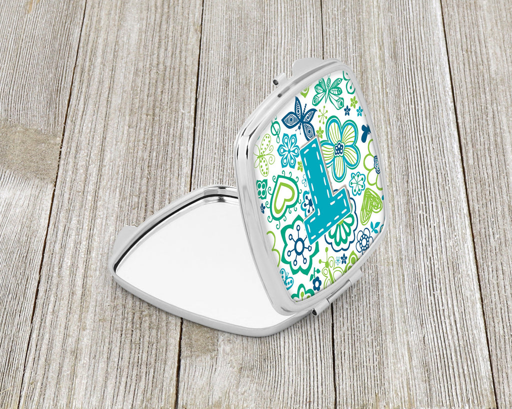Letter T Flowers and Butterflies Teal Blue Compact Mirror Decorative Travel Makeup Mirror for Women Girls Gifts Pocket Makeup Mirror Folding Handheld