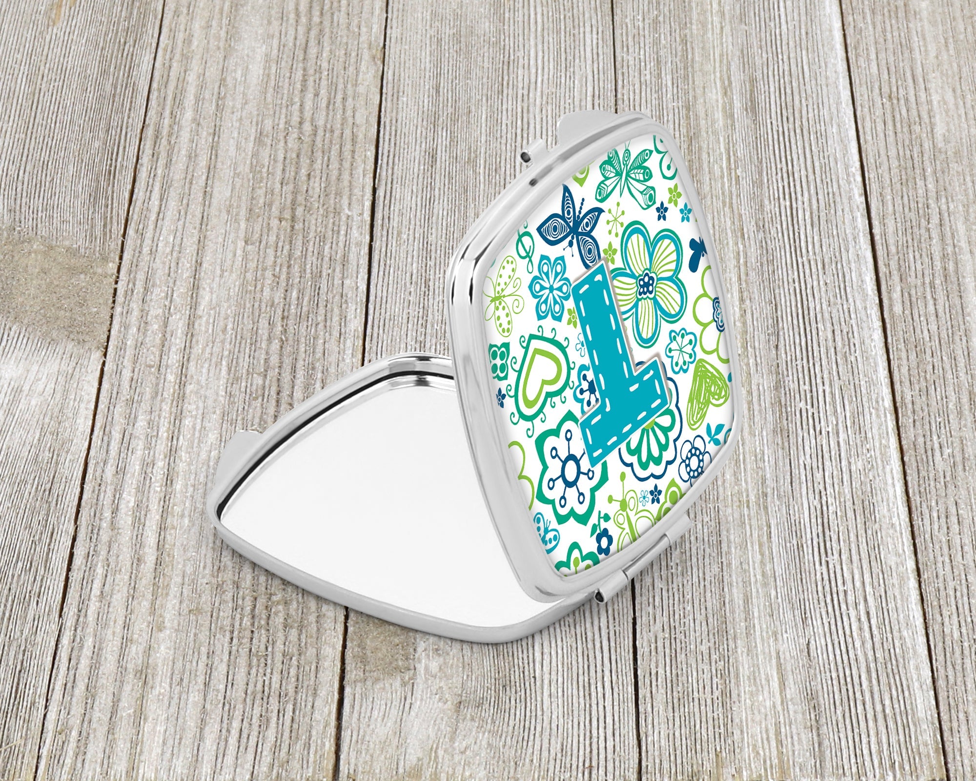 Letter T Flowers and Butterflies Teal Blue Compact Mirror Decorative Travel Makeup Mirror for Women Girls Gifts Pocket Makeup Mirror Folding Handheld