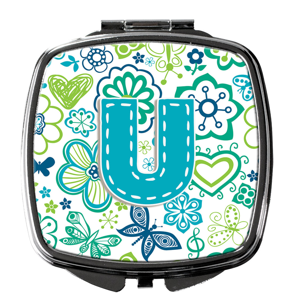 Letter U Flowers and Butterflies Teal Blue Compact Mirror Decorative Travel Makeup Mirror for Women Girls Gifts Pocket Makeup Mirror Folding Handheld