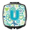 Letter U Flowers and Butterflies Teal Blue Compact Mirror Decorative Travel Makeup Mirror for Women Girls Gifts Pocket Makeup Mirror Folding Handheld