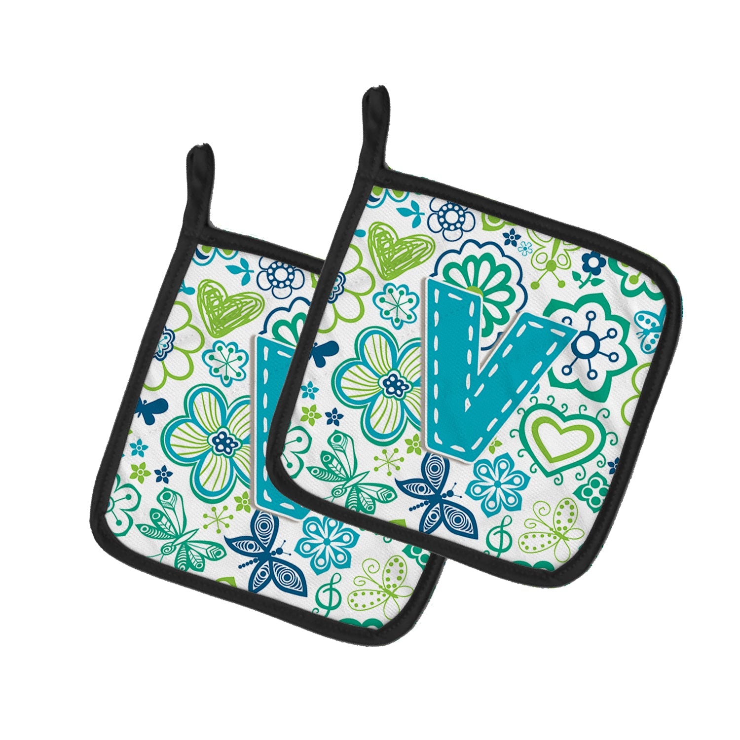 Letter V Flowers and Butterflies Teal Blue Pot Holder Set of 2 Heat Resistant Quilted Hot Pads 7.5 x 7.5 Inch, Insulated Kitchen Trivets for Cooking & Baking