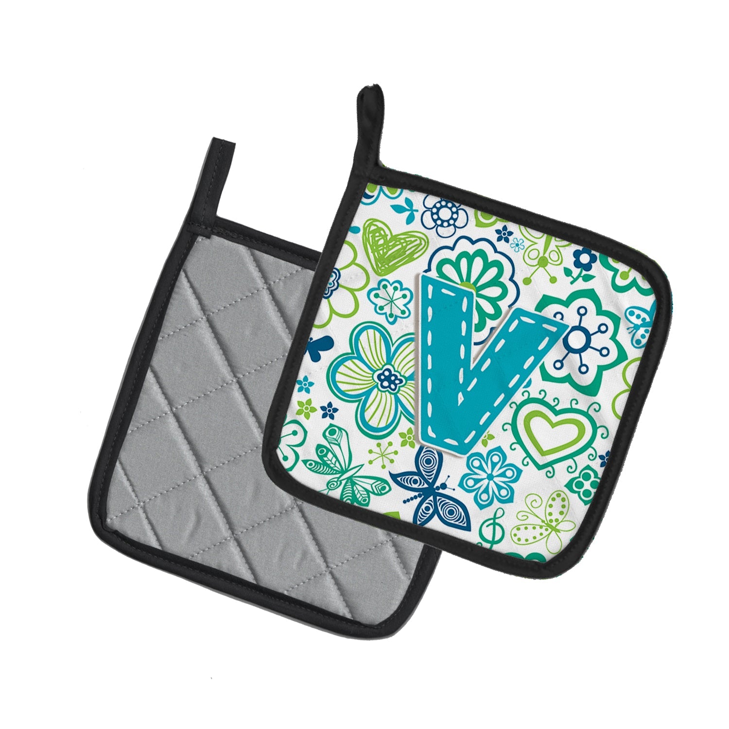 Letter V Flowers and Butterflies Teal Blue Pot Holder Set of 2 Heat Resistant Quilted Hot Pads 7.5 x 7.5 Inch, Insulated Kitchen Trivets for Cooking & Baking