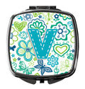 Letter V Flowers and Butterflies Teal Blue Compact Mirror Decorative Travel Makeup Mirror for Women Girls Gifts Pocket Makeup Mirror Folding Handheld
