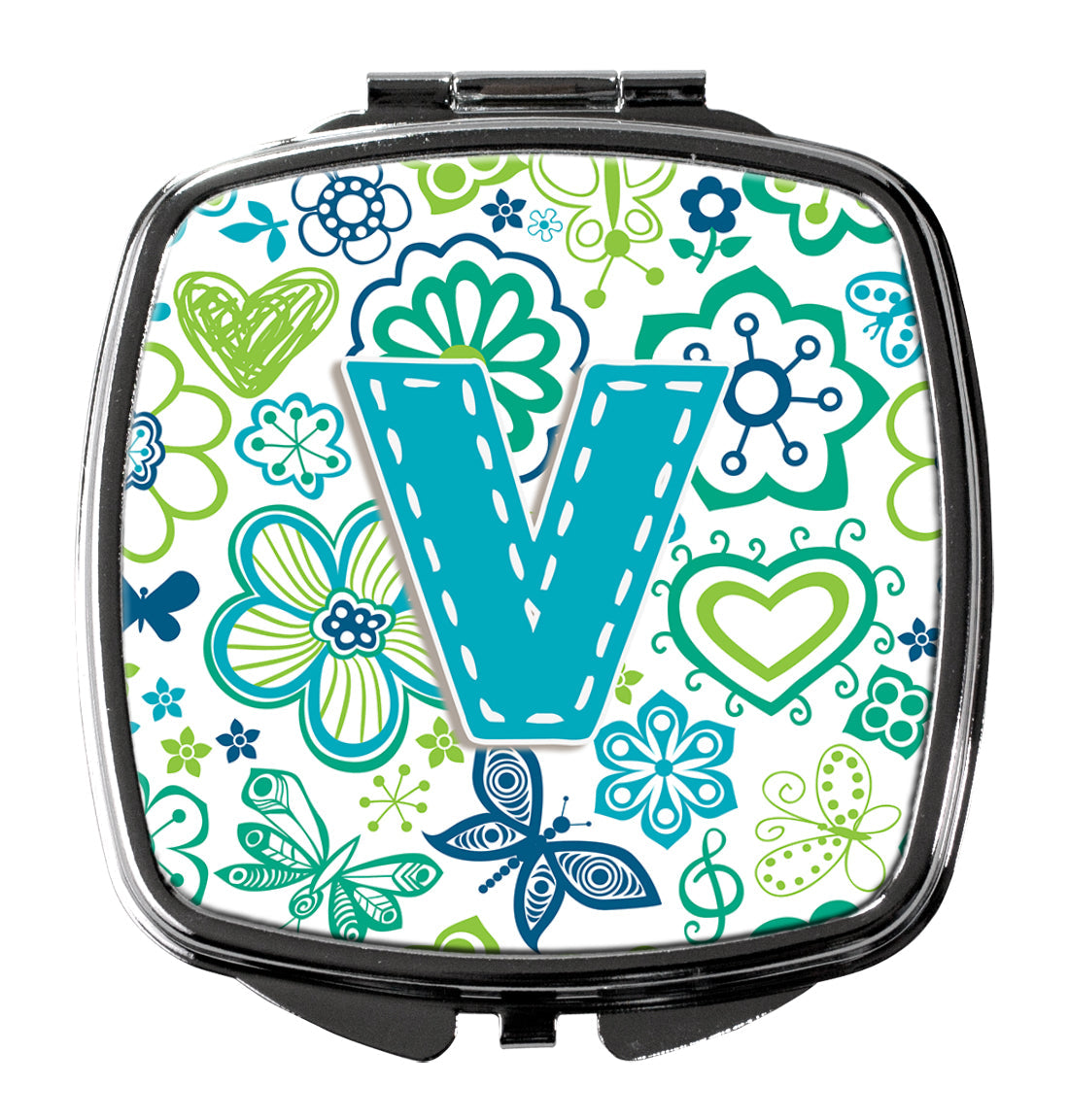 Letter V Flowers and Butterflies Teal Blue Compact Mirror Decorative Travel Makeup Mirror for Women Girls Gifts Pocket Makeup Mirror Folding Handheld