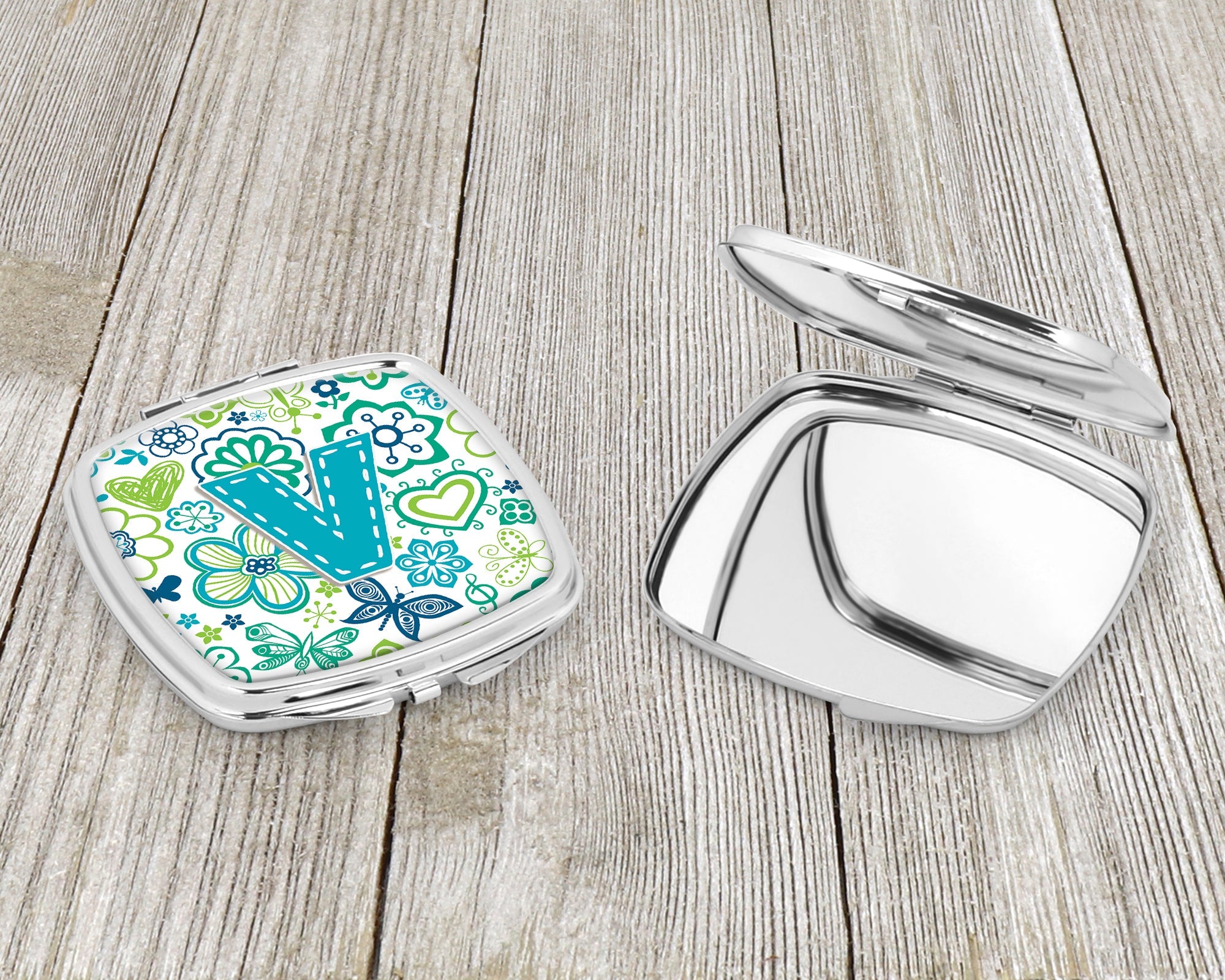 Letter V Flowers and Butterflies Teal Blue Compact Mirror Decorative Travel Makeup Mirror for Women Girls Gifts Pocket Makeup Mirror Folding Handheld