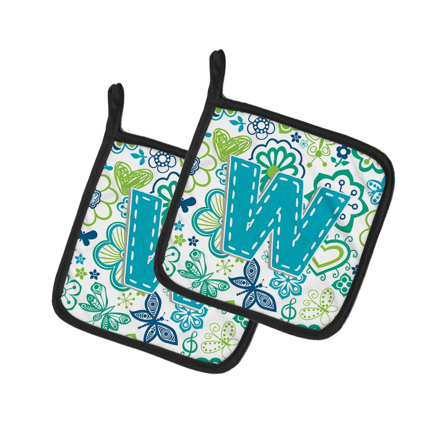 Letter W Flowers and Butterflies Teal Blue Pot Holder Set of 2 Heat Resistant Quilted Hot Pads 7.5 x 7.5 Inch, Insulated Kitchen Trivets for Cooking & Baking
