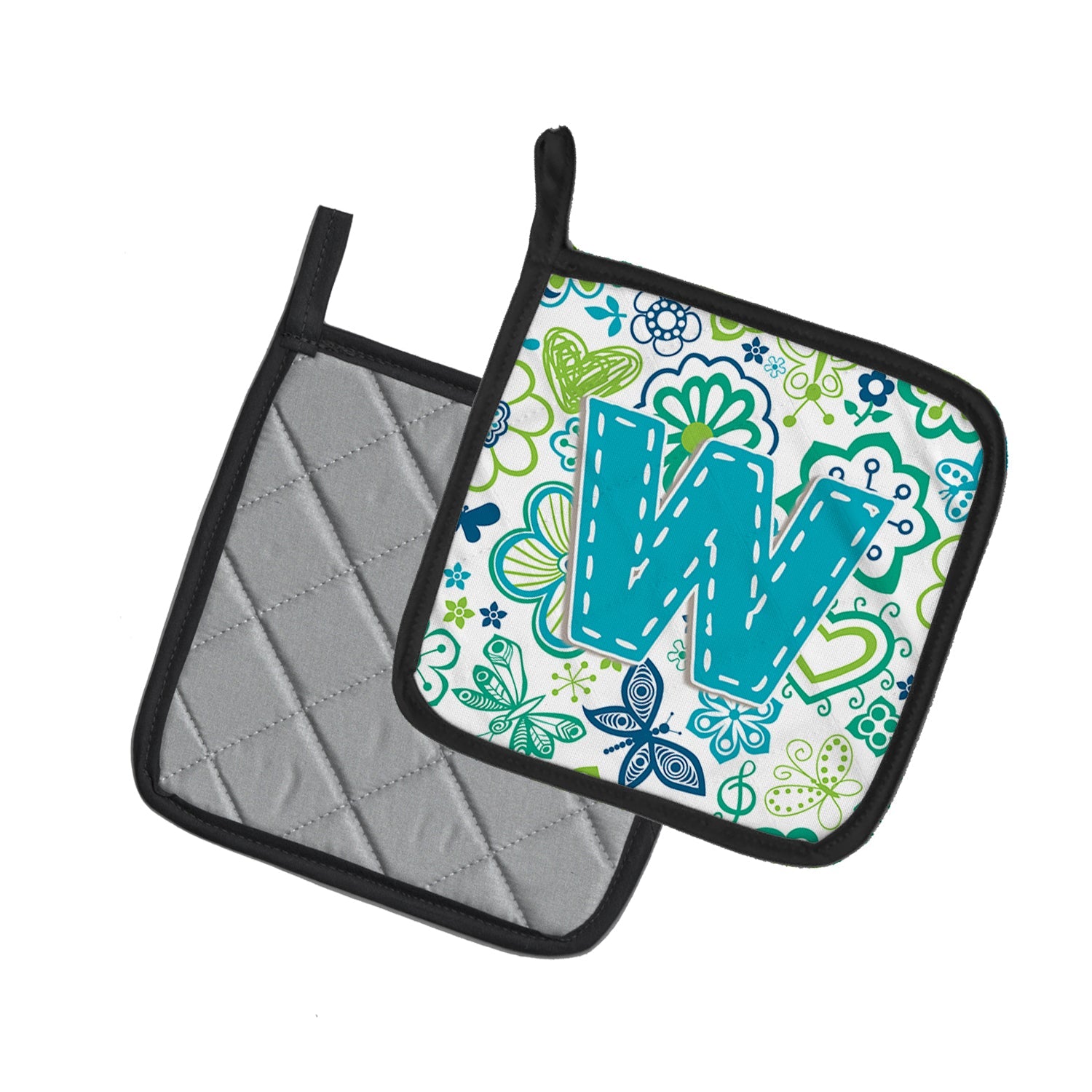 Letter W Flowers and Butterflies Teal Blue Pot Holder Set of 2 Heat Resistant Quilted Hot Pads 7.5 x 7.5 Inch, Insulated Kitchen Trivets for Cooking & Baking