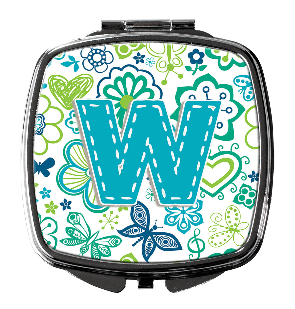 Letter W Flowers and Butterflies Teal Blue Compact Mirror Decorative Travel Makeup Mirror for Women Girls Gifts Pocket Makeup Mirror Folding Handheld