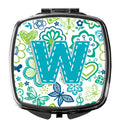 Letter W Flowers and Butterflies Teal Blue Compact Mirror Decorative Travel Makeup Mirror for Women Girls Gifts Pocket Makeup Mirror Folding Handheld