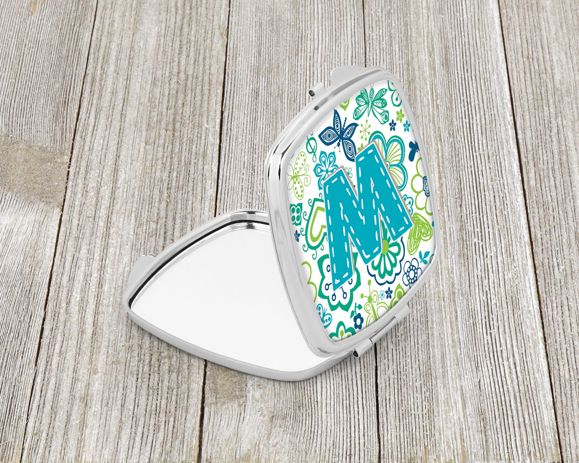 Letter W Flowers and Butterflies Teal Blue Compact Mirror Decorative Travel Makeup Mirror for Women Girls Gifts Pocket Makeup Mirror Folding Handheld