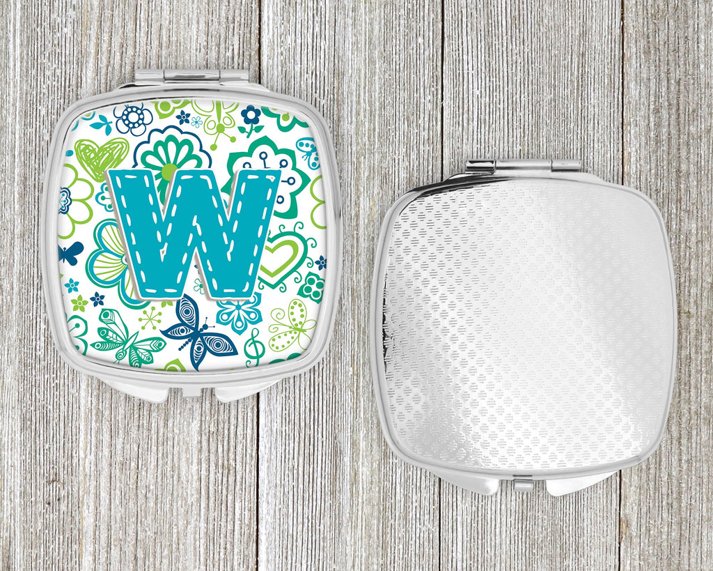 Letter W Flowers and Butterflies Teal Blue Compact Mirror Decorative Travel Makeup Mirror for Women Girls Gifts Pocket Makeup Mirror Folding Handheld