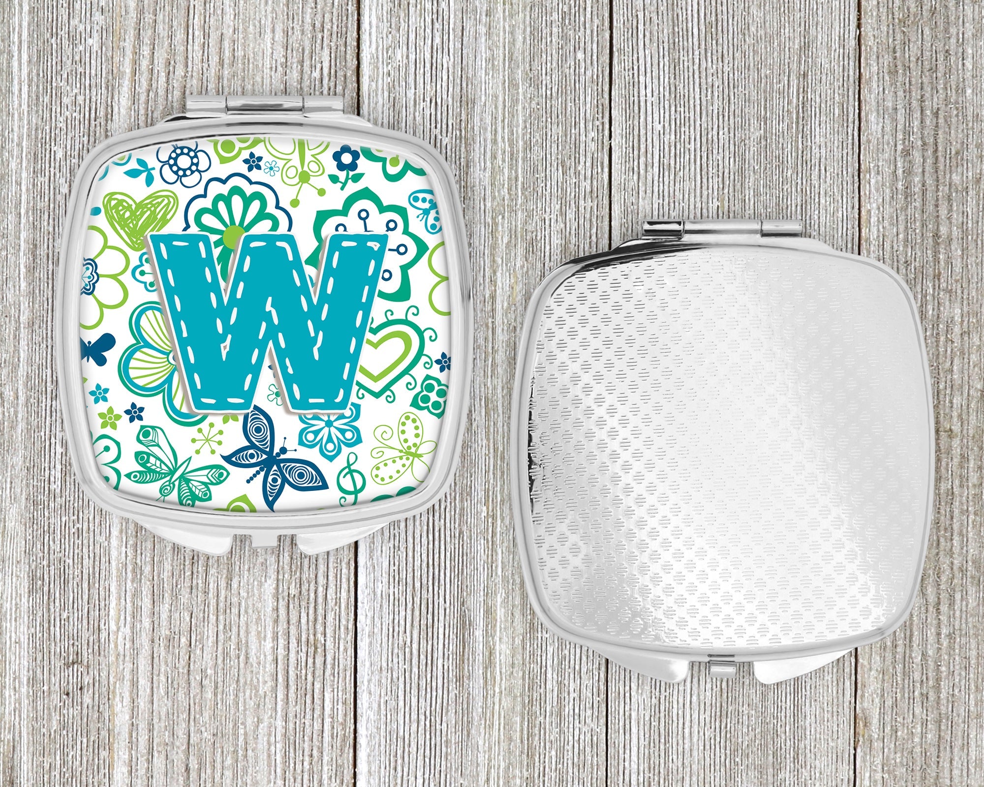 Letter W Flowers and Butterflies Teal Blue Compact Mirror Decorative Travel Makeup Mirror for Women Girls Gifts Pocket Makeup Mirror Folding Handheld