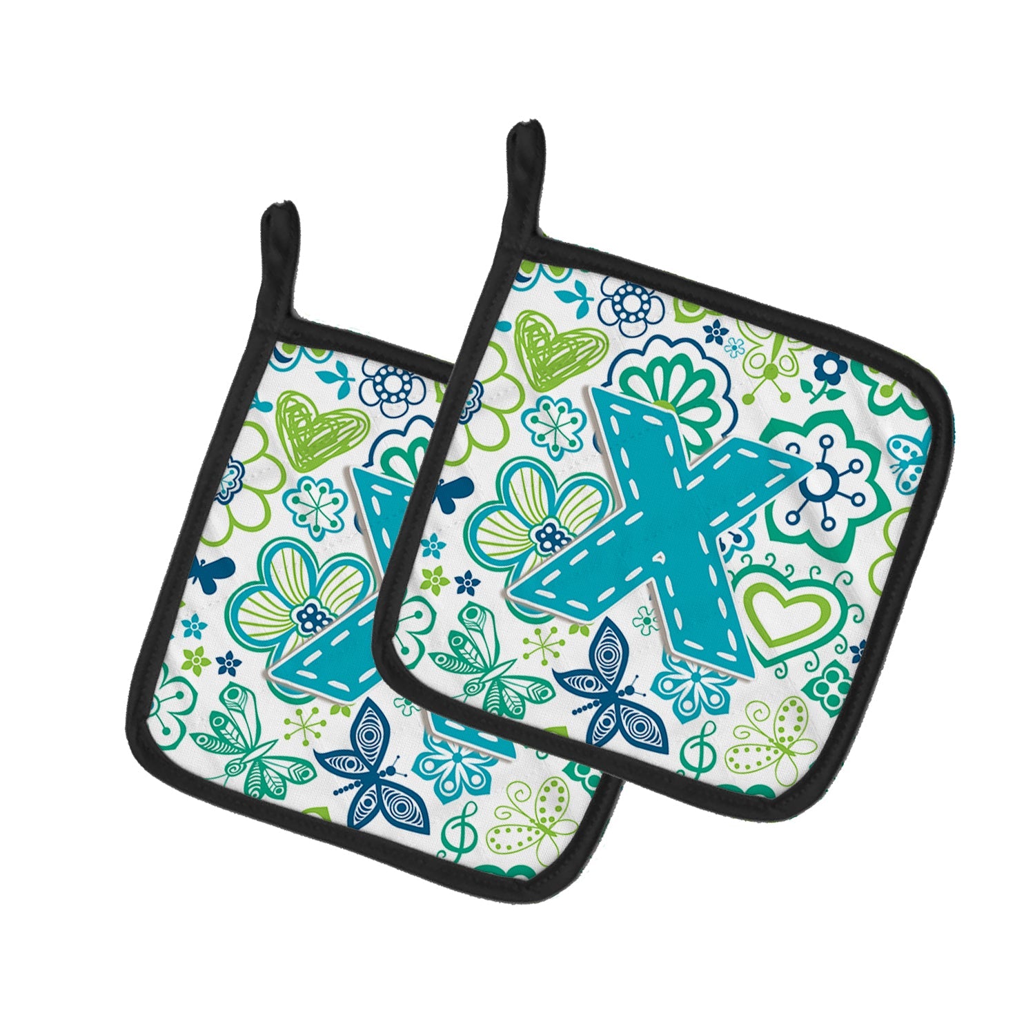 Letter X Flowers and Butterflies Teal Blue Pot Holder Set of 2 Heat Resistant Quilted Hot Pads 7.5 x 7.5 Inch, Insulated Kitchen Trivets for Cooking & Baking