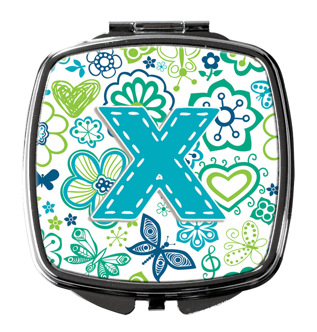 Letter X Flowers and Butterflies Teal Blue Compact Mirror Decorative Travel Makeup Mirror for Women Girls Gifts Pocket Makeup Mirror Folding Handheld