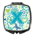 Letter X Flowers and Butterflies Teal Blue Compact Mirror Decorative Travel Makeup Mirror for Women Girls Gifts Pocket Makeup Mirror Folding Handheld