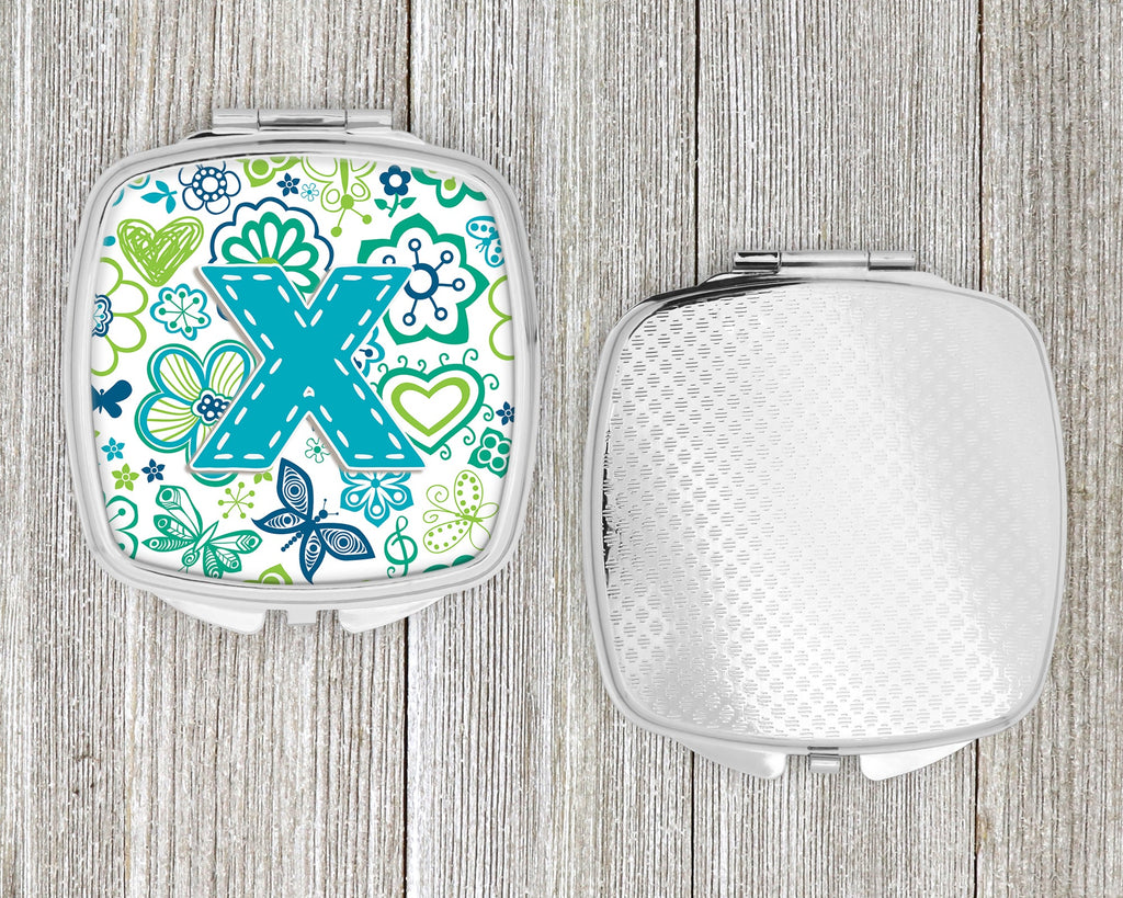 Letter X Flowers and Butterflies Teal Blue Compact Mirror Decorative Travel Makeup Mirror for Women Girls Gifts Pocket Makeup Mirror Folding Handheld