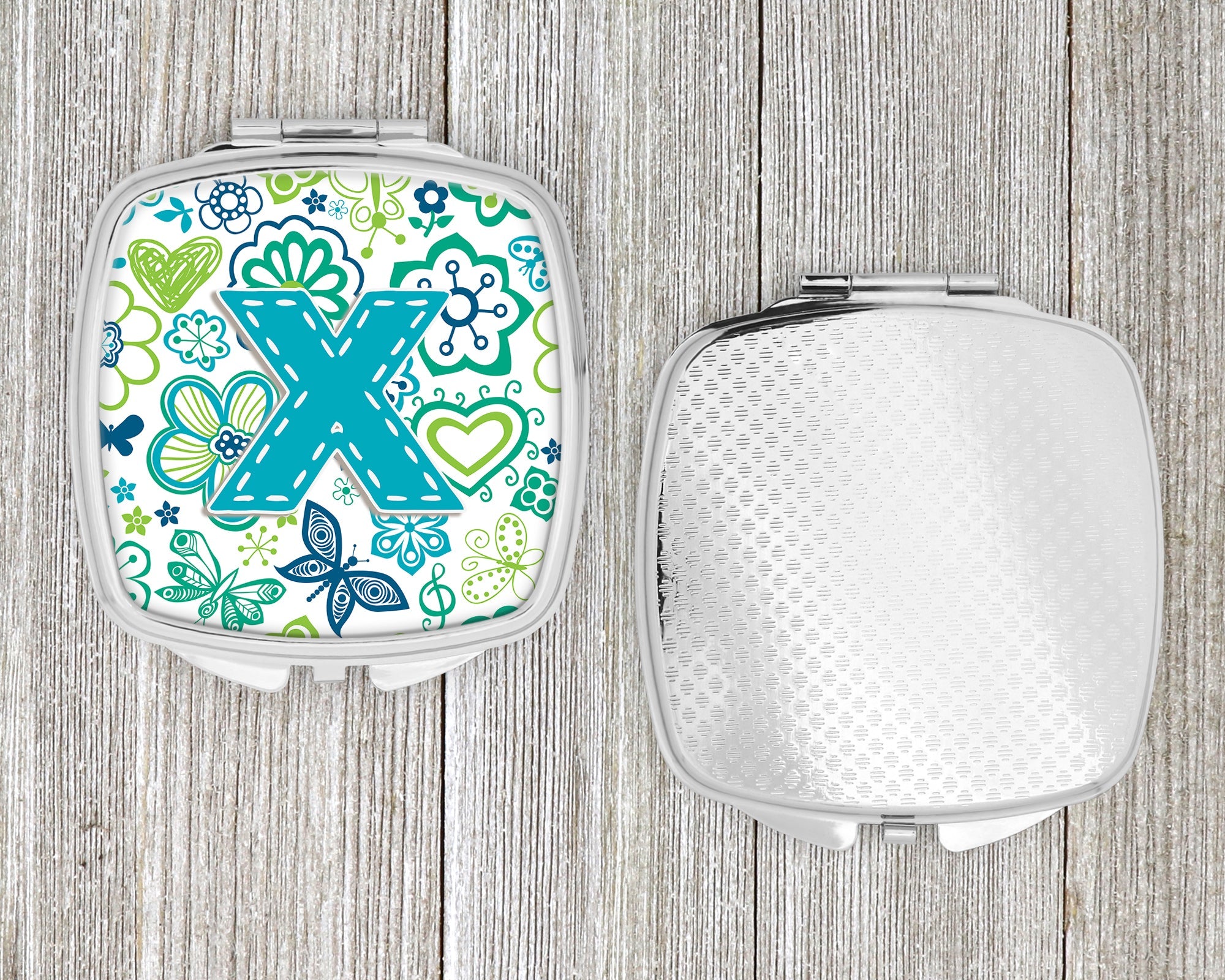 Letter X Flowers and Butterflies Teal Blue Compact Mirror Decorative Travel Makeup Mirror for Women Girls Gifts Pocket Makeup Mirror Folding Handheld