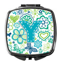 Letter Y Flowers and Butterflies Teal Blue Compact Mirror Decorative Travel Makeup Mirror for Women Girls Gifts Pocket Makeup Mirror Folding Handheld