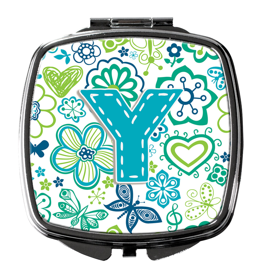 Letter Y Flowers and Butterflies Teal Blue Compact Mirror Decorative Travel Makeup Mirror for Women Girls Gifts Pocket Makeup Mirror Folding Handheld