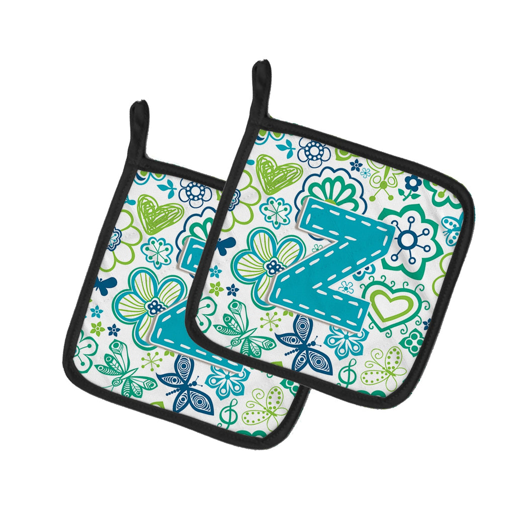 Letter Z Flowers and Butterflies Teal Blue Pot Holder Set of 2 Heat Resistant Quilted Hot Pads 7.5 x 7.5 Inch, Insulated Kitchen Trivets for Cooking & Baking