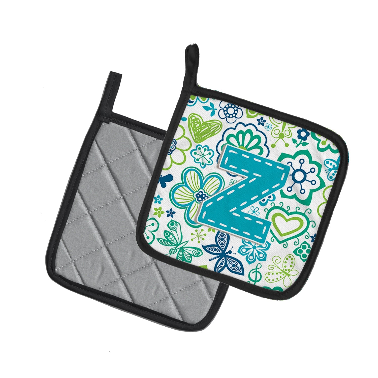 Letter Z Flowers and Butterflies Teal Blue Pot Holder Set of 2 Heat Resistant Quilted Hot Pads 7.5 x 7.5 Inch, Insulated Kitchen Trivets for Cooking & Baking