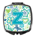 Letter Z Flowers and Butterflies Teal Blue Compact Mirror Decorative Travel Makeup Mirror for Women Girls Gifts Pocket Makeup Mirror Folding Handheld