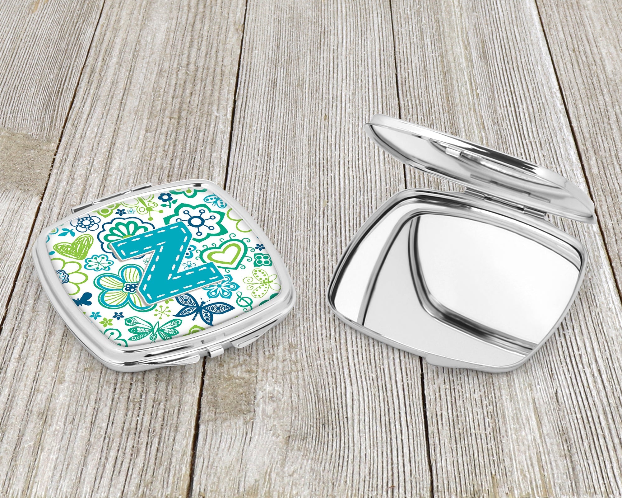 Letter Z Flowers and Butterflies Teal Blue Compact Mirror Decorative Travel Makeup Mirror for Women Girls Gifts Pocket Makeup Mirror Folding Handheld