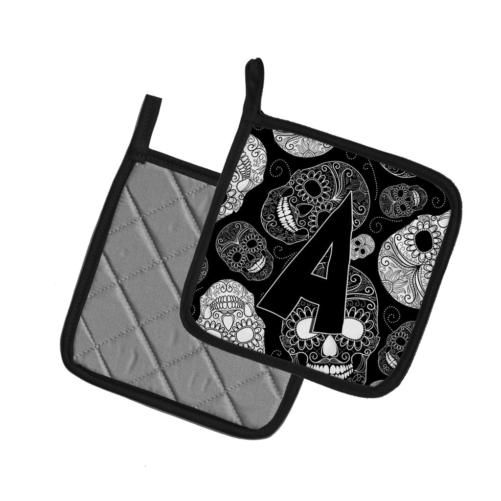 Letter A Day of the Dead Skulls Black Pot Holder Set of 2 Heat Resistant Quilted Hot Pads 7.5 x 7.5 Inch, Insulated Kitchen Trivets for Cooking & Baking