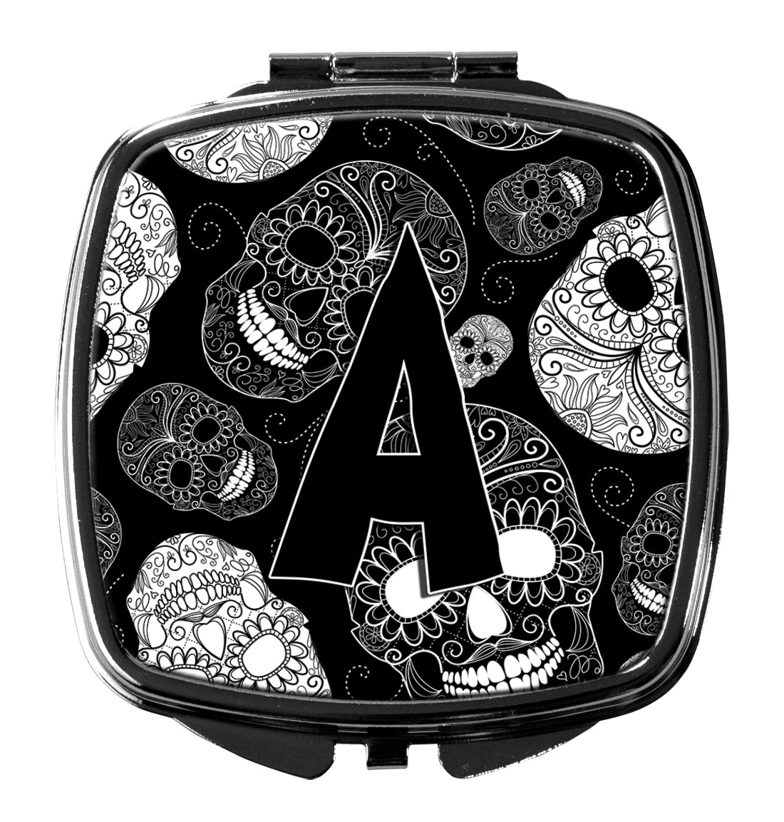 Letter A Day of the Dead Skulls Black Compact Mirror Decorative Travel Makeup Mirror for Women Girls Gifts Pocket Makeup Mirror Folding Handheld