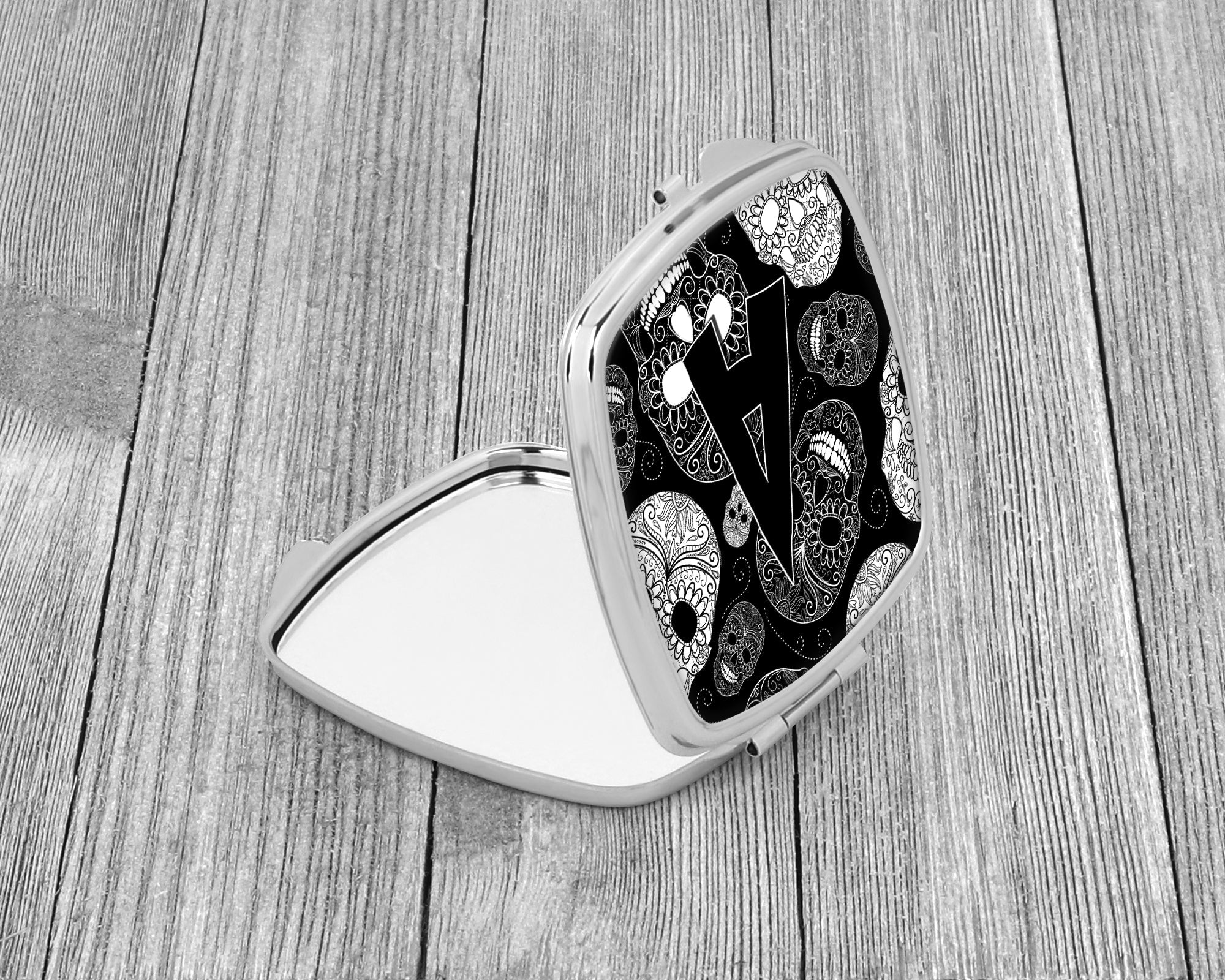 Letter A Day of the Dead Skulls Black Compact Mirror Decorative Travel Makeup Mirror for Women Girls Gifts Pocket Makeup Mirror Folding Handheld