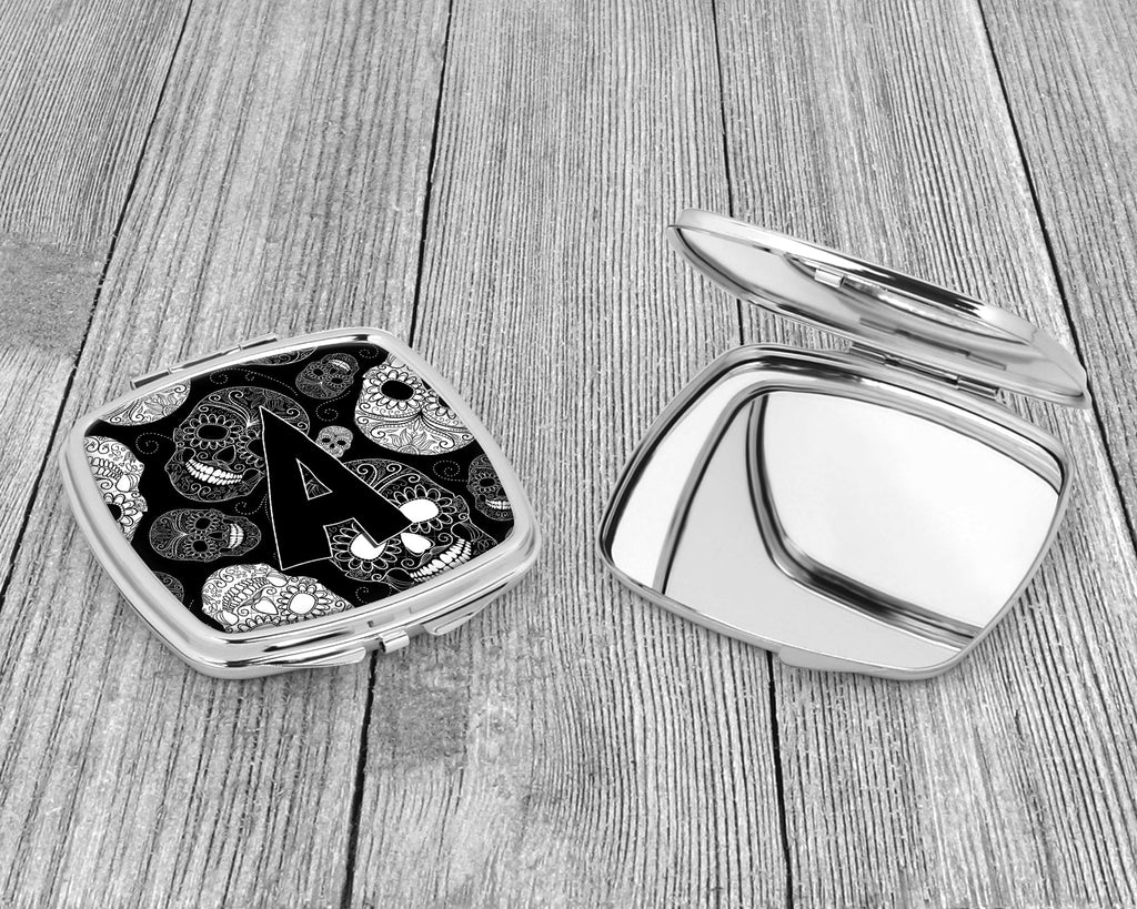 Letter A Day of the Dead Skulls Black Compact Mirror Decorative Travel Makeup Mirror for Women Girls Gifts Pocket Makeup Mirror Folding Handheld