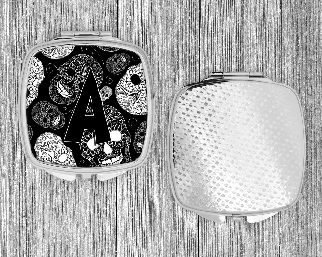 Letter A Day of the Dead Skulls Black Compact Mirror Decorative Travel Makeup Mirror for Women Girls Gifts Pocket Makeup Mirror Folding Handheld