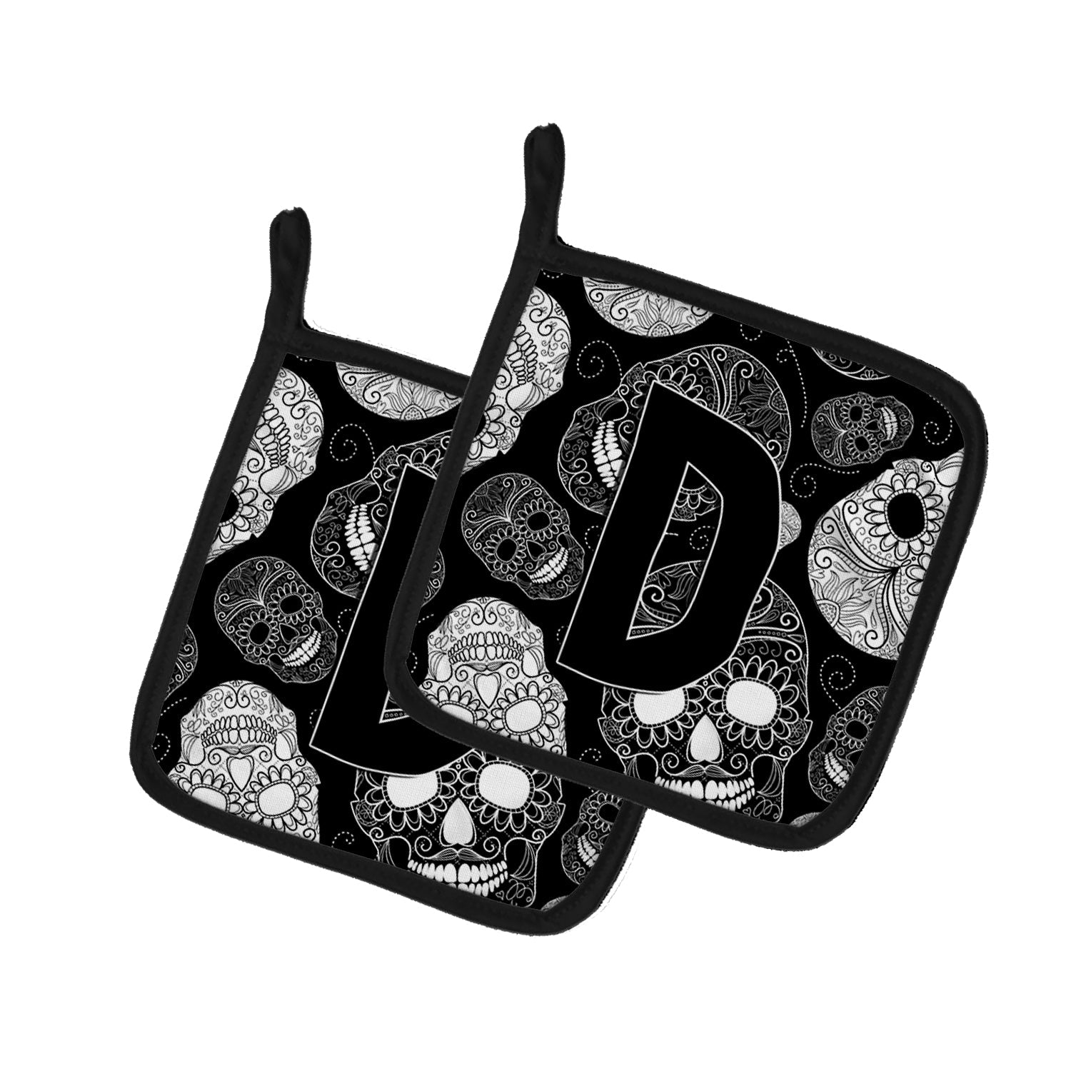Letter D Day of the Dead Skulls Black Pot Holder Set of 2 Heat Resistant Quilted Hot Pads 7.5 x 7.5 Inch, Insulated Kitchen Trivets for Cooking & Baking
