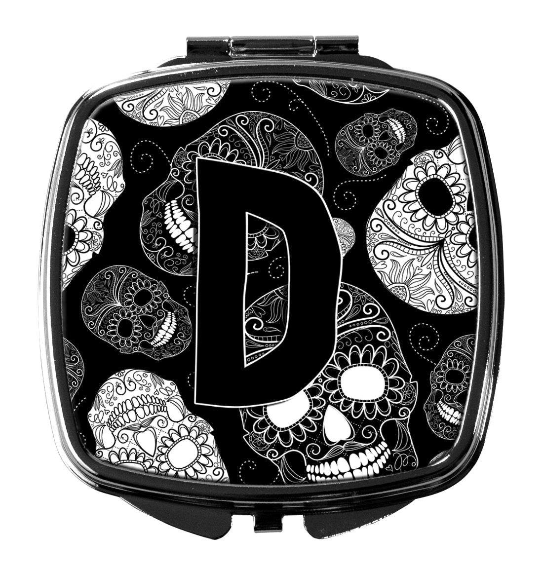 Letter D Day of the Dead Skulls Black Compact Mirror Decorative Travel Makeup Mirror for Women Girls Gifts Pocket Makeup Mirror Folding Handheld