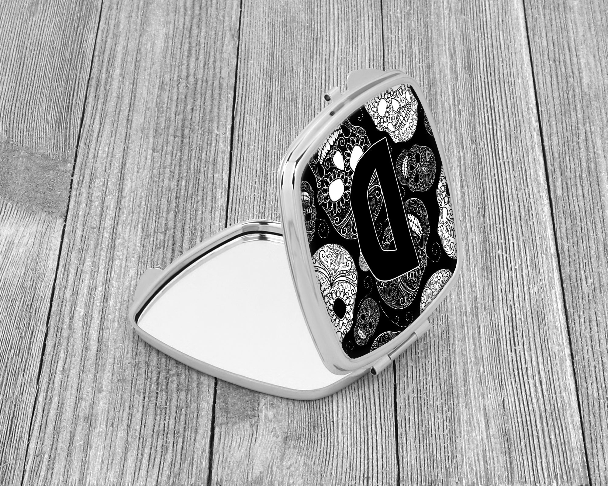 Letter D Day of the Dead Skulls Black Compact Mirror Decorative Travel Makeup Mirror for Women Girls Gifts Pocket Makeup Mirror Folding Handheld