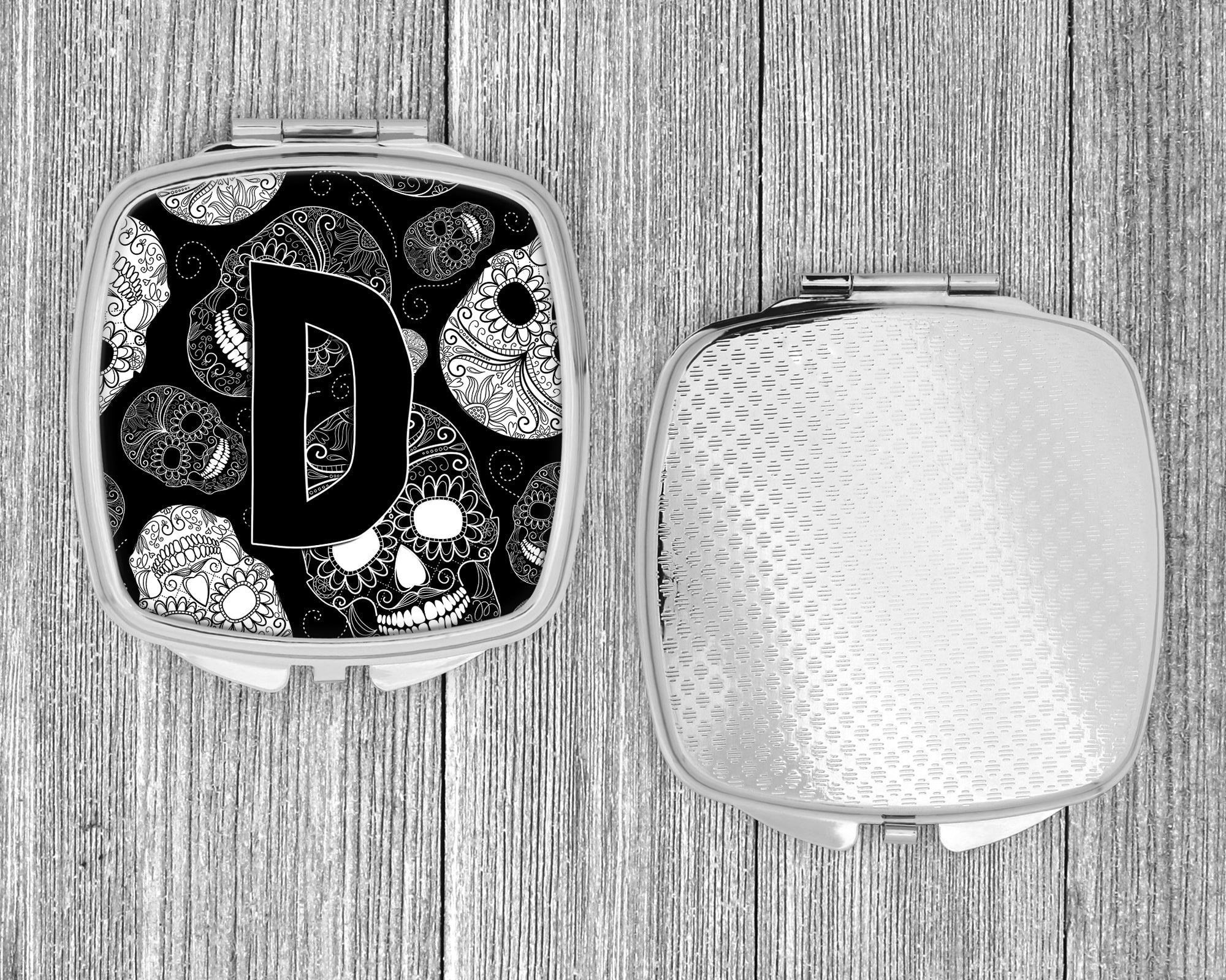 Letter D Day of the Dead Skulls Black Compact Mirror Decorative Travel Makeup Mirror for Women Girls Gifts Pocket Makeup Mirror Folding Handheld