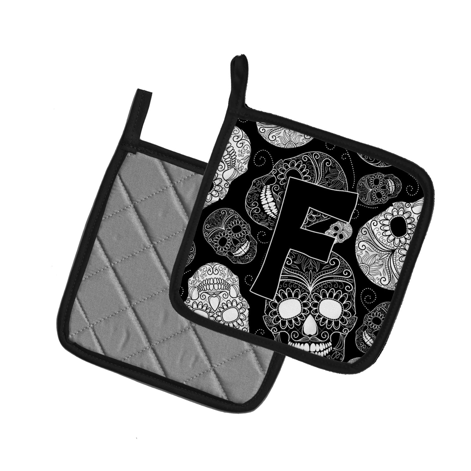 Letter F Day of the Dead Skulls Black Pot Holder Set of 2 Heat Resistant Quilted Hot Pads 7.5 x 7.5 Inch, Insulated Kitchen Trivets for Cooking & Baking