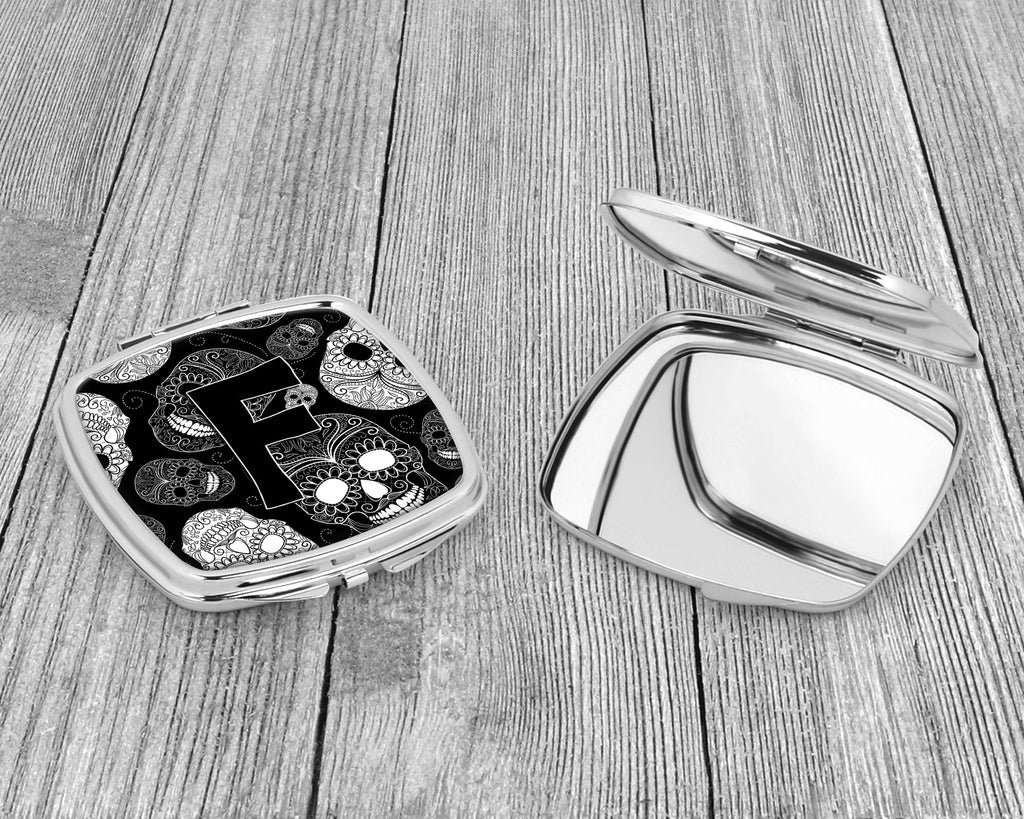 Letter F Day of the Dead Skulls Black Compact Mirror Decorative Travel Makeup Mirror for Women Girls Gifts Pocket Makeup Mirror Folding Handheld