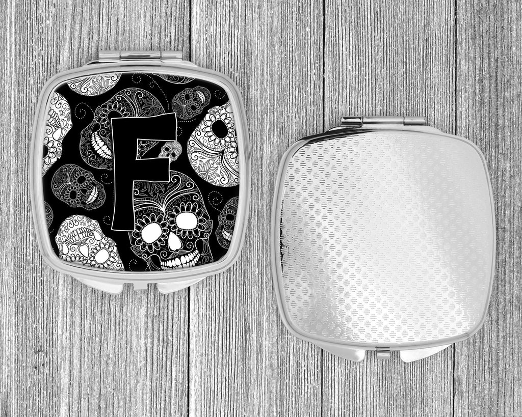 Letter F Day of the Dead Skulls Black Compact Mirror Decorative Travel Makeup Mirror for Women Girls Gifts Pocket Makeup Mirror Folding Handheld